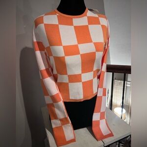 Papermoon Orange and White Checkered Crop Sweater